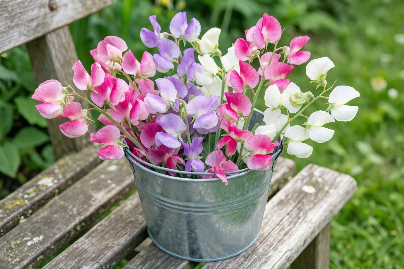 Een zinken emmer met vers geplukte roze, lila en witte reukerwten staat op een verweerde houten tuinbank met groen op de achtergrond.