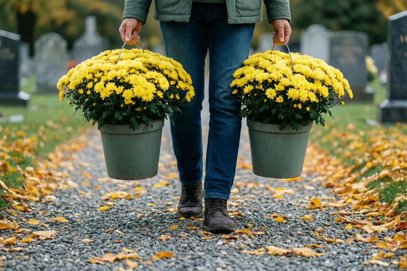 Iemand draagt twee emmers met felgele chrysanten over een grindpad met goudgele herfstbladeren op een begraafplaats.
