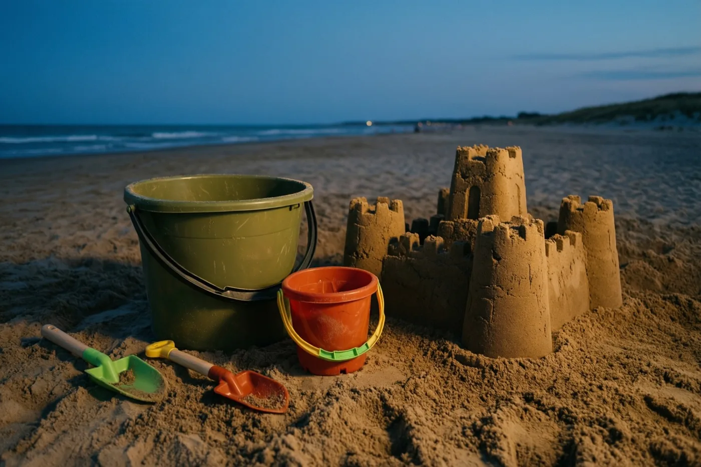 Een grote groene emmer, een kleine oranje emmer en twee plastic schepjes liggen naast een halfgebouwd zandkasteel op een breed strand in de schemering.
