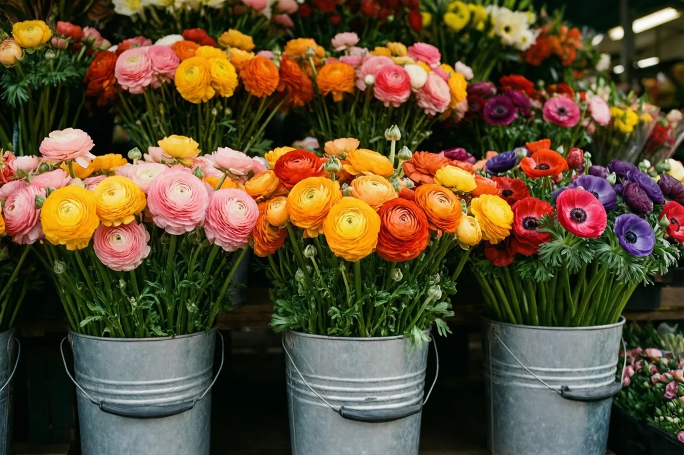 Gegalvaniseerde emmers met roze, gele, oranje en paarse ranonkels en anemonen staan bij een bloemenkraam.
