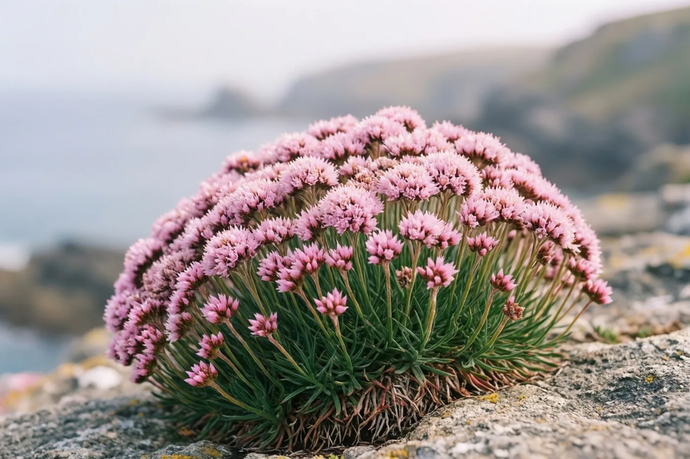 Een dichte, ronde pol roze Engels gras groeit op een rotsachtige kust, met een onscherpe zee en verre kliffen onder een bewolkte lucht.