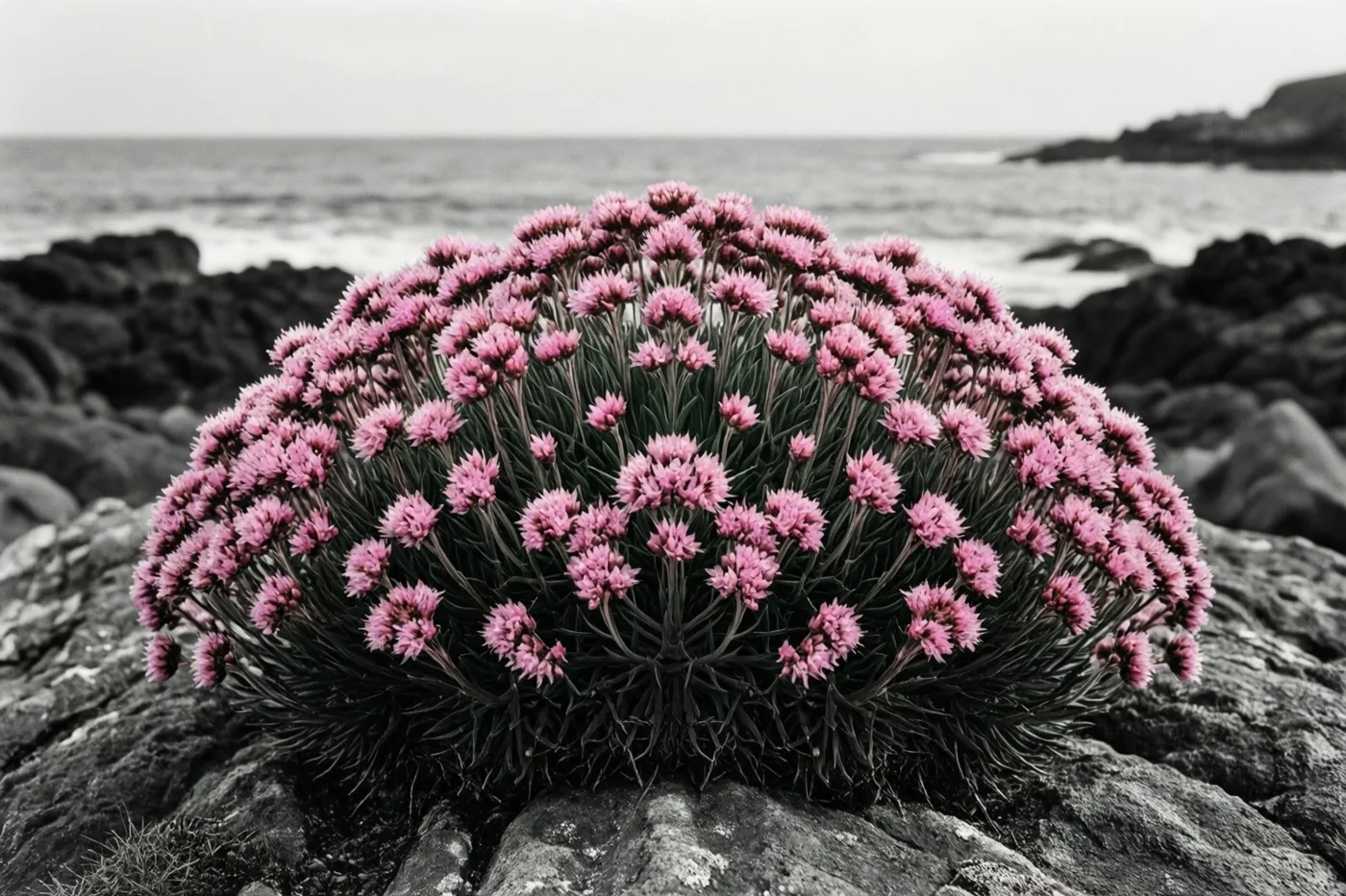 Een ronde pol roze Engels gras groeit op donkere, ruwe rotsen aan zee, met een bewolkte zee en verre kustlijn in een verder monochrome omgeving.