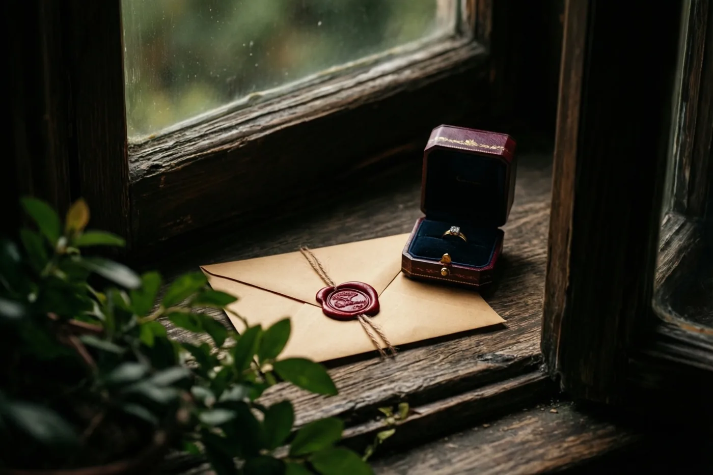 Een bruine envelop met een rood lakzegel ligt op een houten vensterbank naast een open rood doosje met een diamanten ring, in het natuurlijke licht van een schemerige kamer.