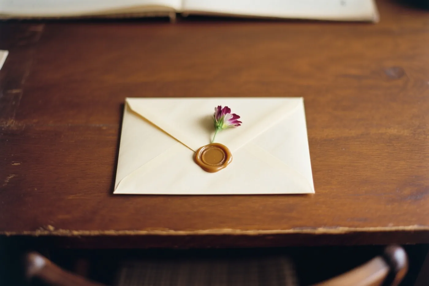 Een crèmekleurige envelop met een bruin lakzegel en een geperst paars-wit bloemetje ligt op een donker houten bureau.