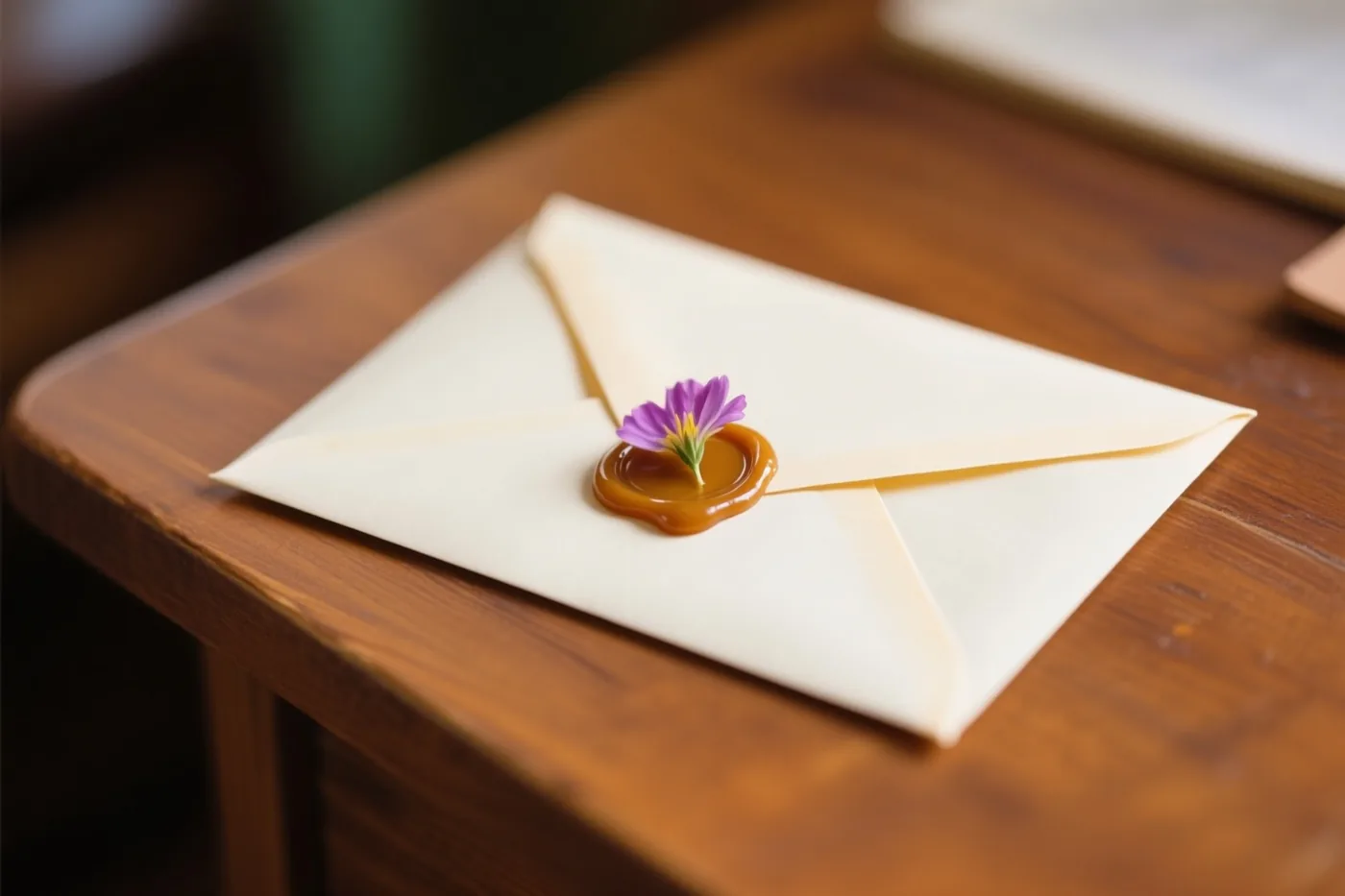 Een crèmekleurige envelop met een bruin lakzegel en een klein paars bloemetje ligt op een houten bureau in zacht licht.
