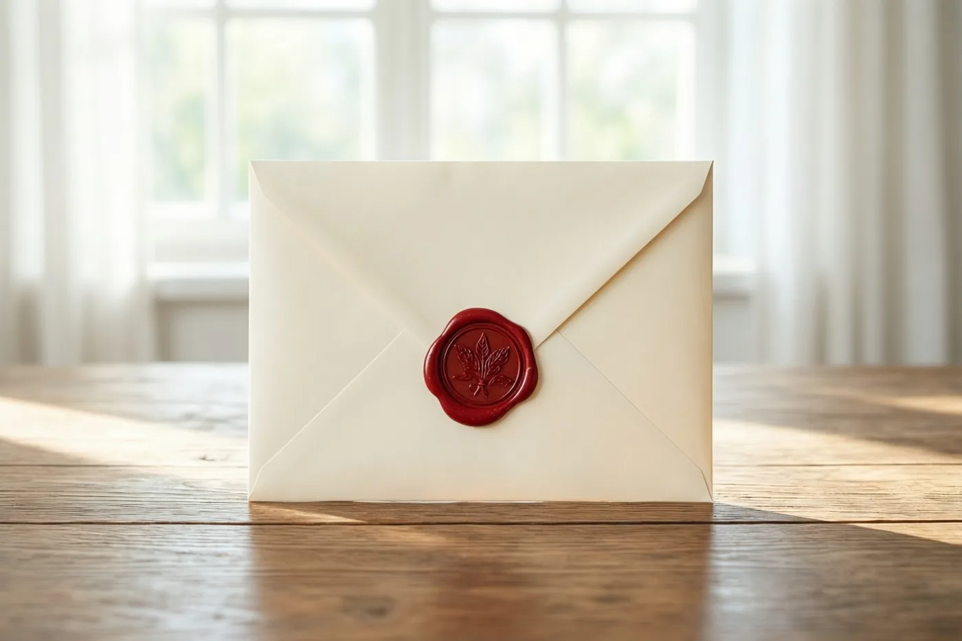 Een crèmekleurige envelop met een rood lakzegel met een bladmotief staat rechtop op een houten tafel voor een zacht verlicht raam met witte gordijnen.