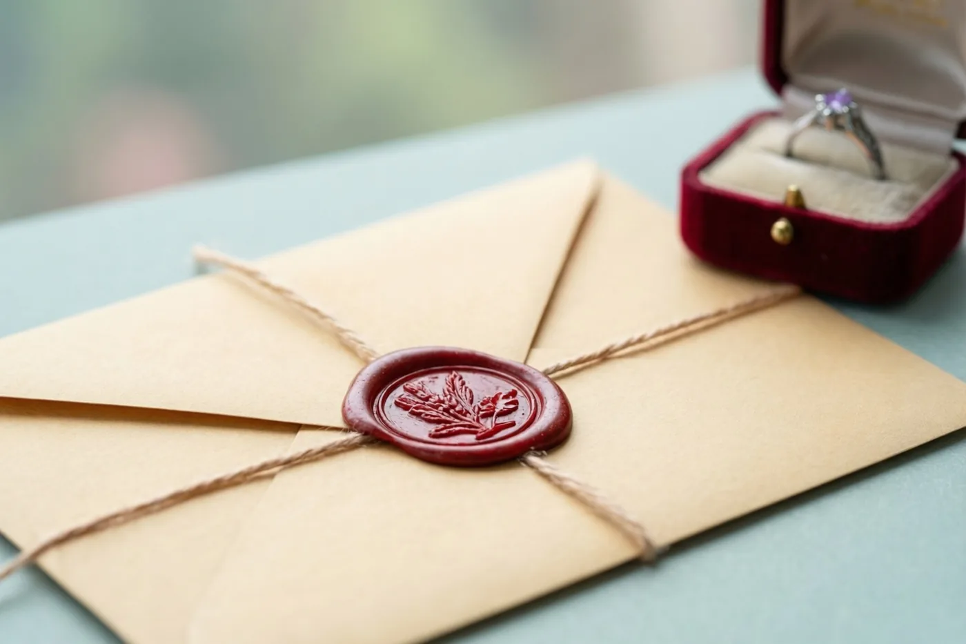 Een beige envelop met een rood lakzegel en touw ligt op een lichtblauwe ondergrond naast een open rood fluwelen doosje met een ring met paarse edelsteen.