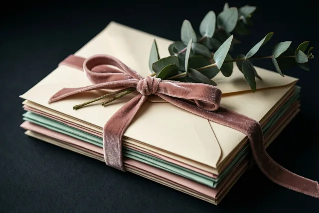 Een stapel crèmekleurige enveloppen is samengebonden met een oudroze fluwelen lint en versierd met een takje eucalyptus tegen een donkere achtergrond.