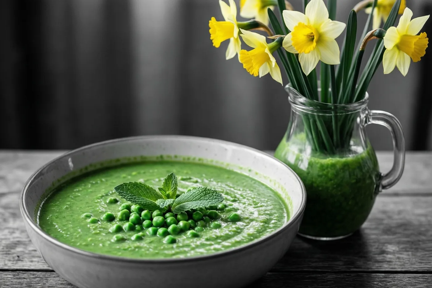 Een kom groene erwten-muntsoep met verse munt en hele erwten staat op een houten ondergrond naast een glazen kan met gele narcissen.