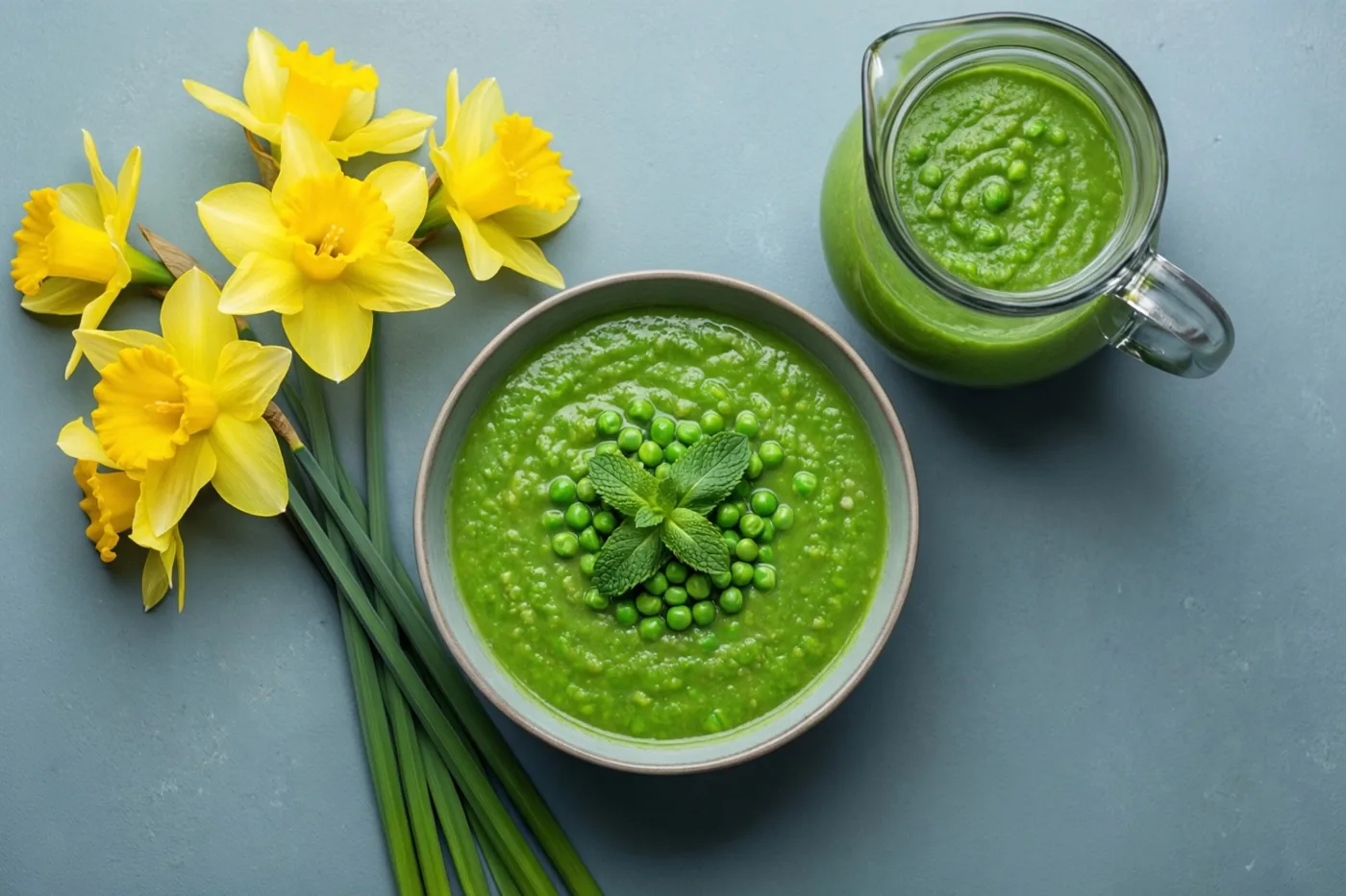 Een kom groene erwten-muntsoep staat naast een glazen kan met dezelfde soep en gele narcissen, voor een gedempte blauwgrijze achtergrond.