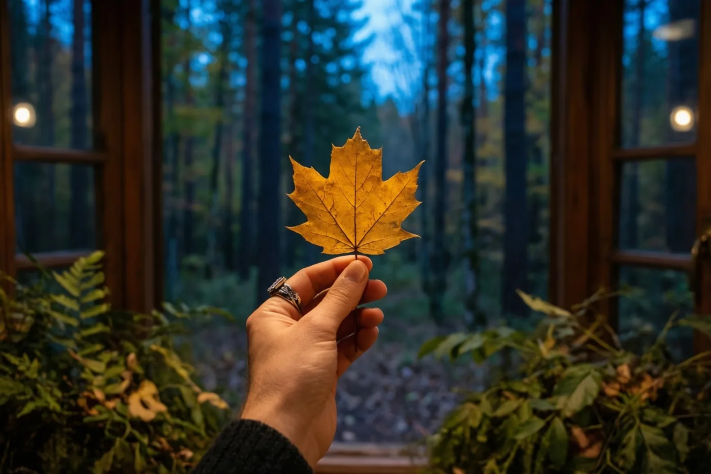 Een hand houdt een goudkleurig esdoornblad voor een raam met uitzicht op een bos in de schemering, met warm licht binnen en koele blauwe tinten buiten.