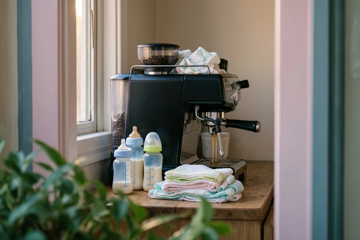 Een zwart espressoapparaat met koffiebonen in het reservoir staat op een houten werkblad naast drie met melk gevulde babyflesjes en opgevouwen spuugdoekjes in zacht ochtendlicht.