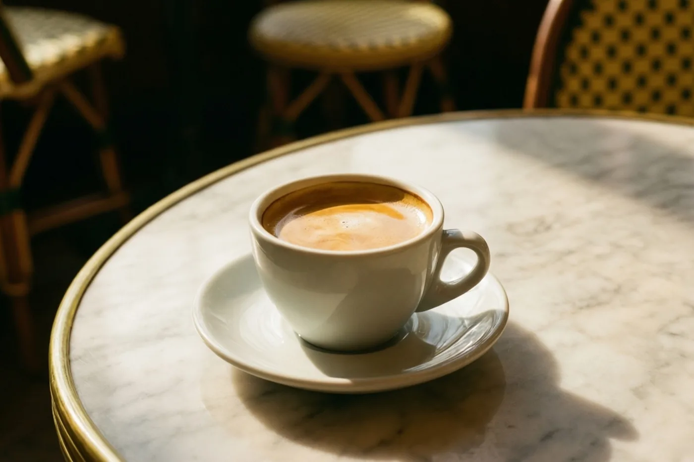 Een wit espressokopje staat op een bijpassend schoteltje op een ronde marmeren tafel met gouden rand, met onscherpe rieten stoelen in het warme ochtendlicht.