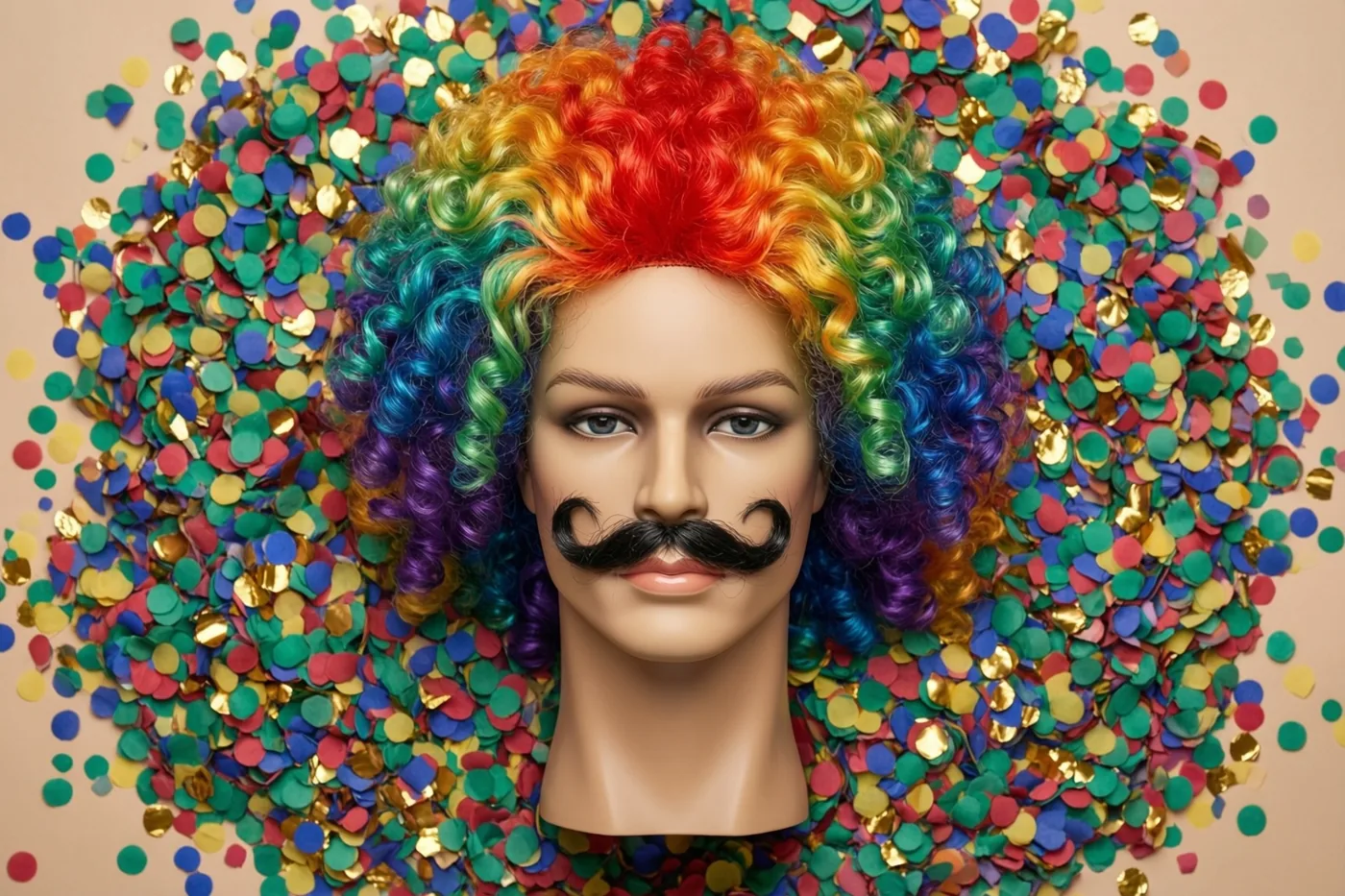 Een etalagehoofd met een kleurrijke krullenpruik en een zwarte nepsnor is omringd door confetti tegen een effen beige achtergrond.