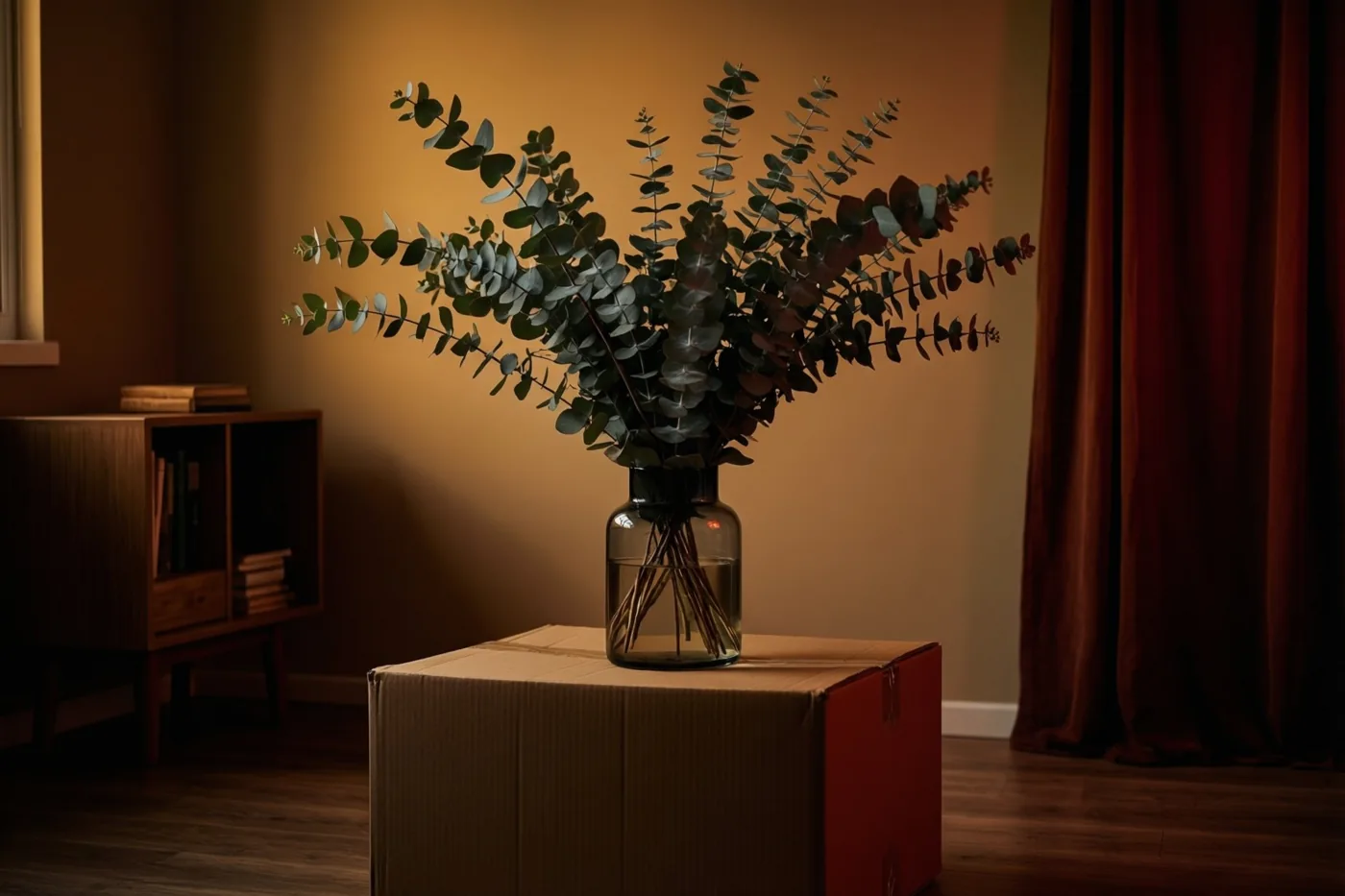 Een glazen vaas met eucalyptustakken staat op een kartonnen verhuisdoos in een schemerige, sobere kamer met warm goudkleurig licht en bruine, rode en groene tinten.