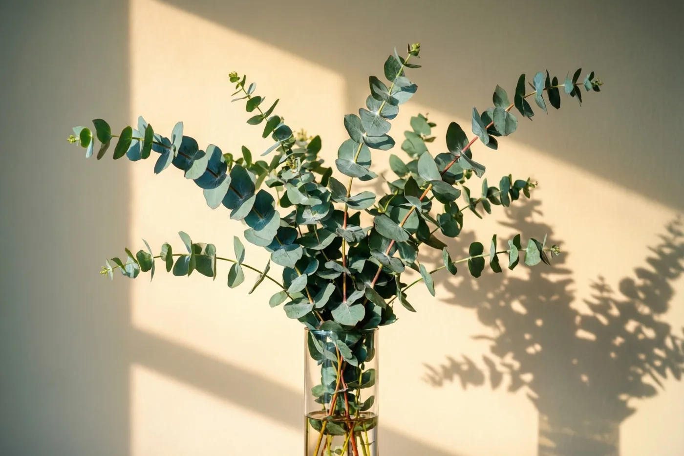 Een eucalyptustak met ronde groene bladeren staat in een smalle glazen vaas tegen een effen beige muur waarop zachte schaduwen vallen.