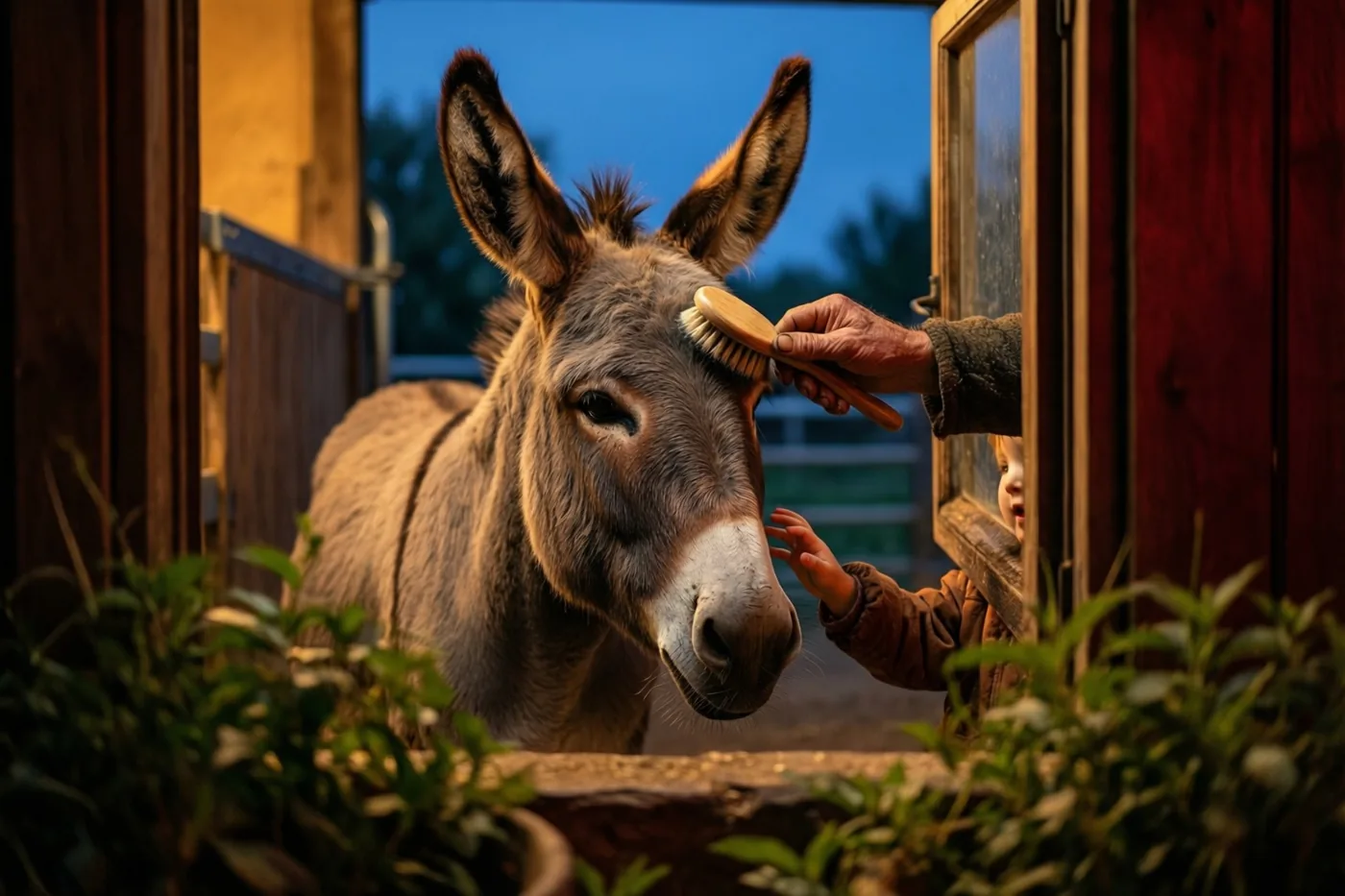 Een volwassen hand en een kinderhand reiken door een houten raamkozijn om een grijze ezel bij een boerderijhek te borstelen, met warm binnenlicht en een koele blauwe schemerlucht.