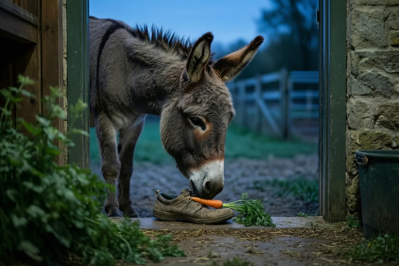 Een ezel besnuffelt bij schemering een wortel op een bruine schoen op de drempel van een boerderij.