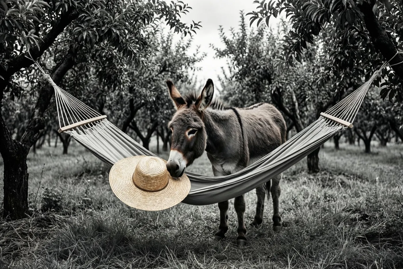 Een ezel staat in een boomgaard met zijn neus bij een strohoed in een hangmat tussen bomen, op een zwart-witfoto.