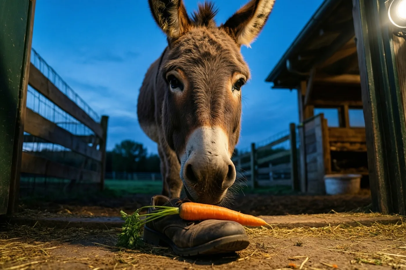 Een ezel kijkt naar een wortel op een laars op een boerderijdrempel, met een blauwe schemerlucht, houten omheiningen en een schuur erachter.