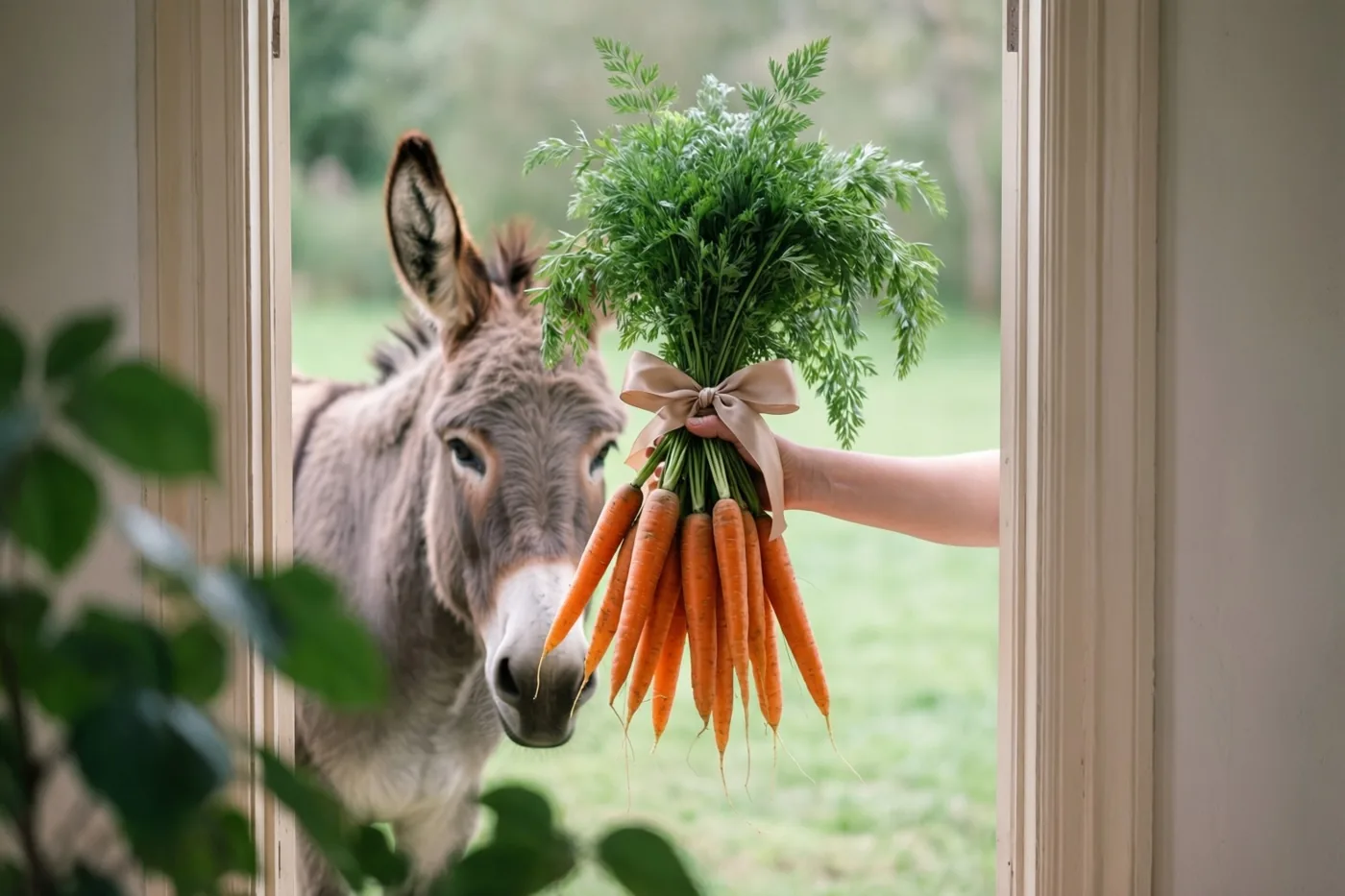 Een hand reikt een bos wortelen met een lint aan een ezel die door een deuropening kijkt, met zicht op groen buiten.