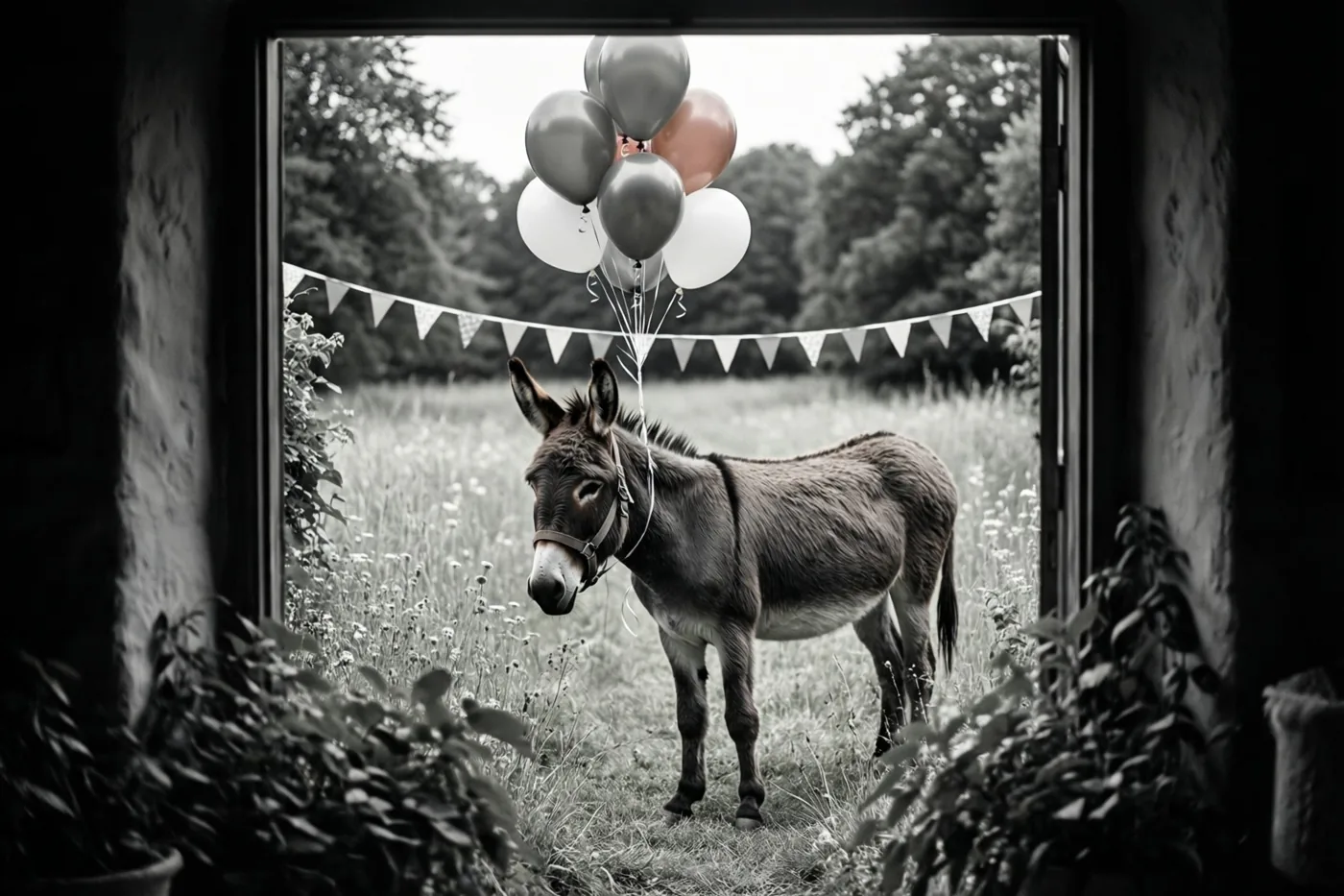 Door een donkere omlijsting is een ezel in een weide met vlaggetjes te zien, met planten op de voorgrond en gekleurde ballonnen aan zijn halster in een verder grotendeels zwart-wit beeld.