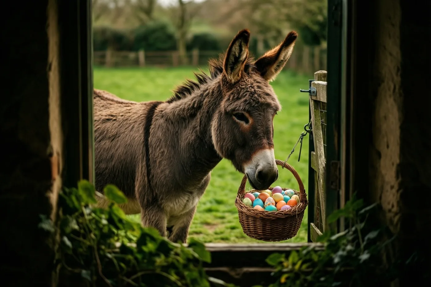 Een ezel staat in een deuropening met een rieten mand vol kleurrijke paaseieren, met een groene wei en een houten hek op de achtergrond.