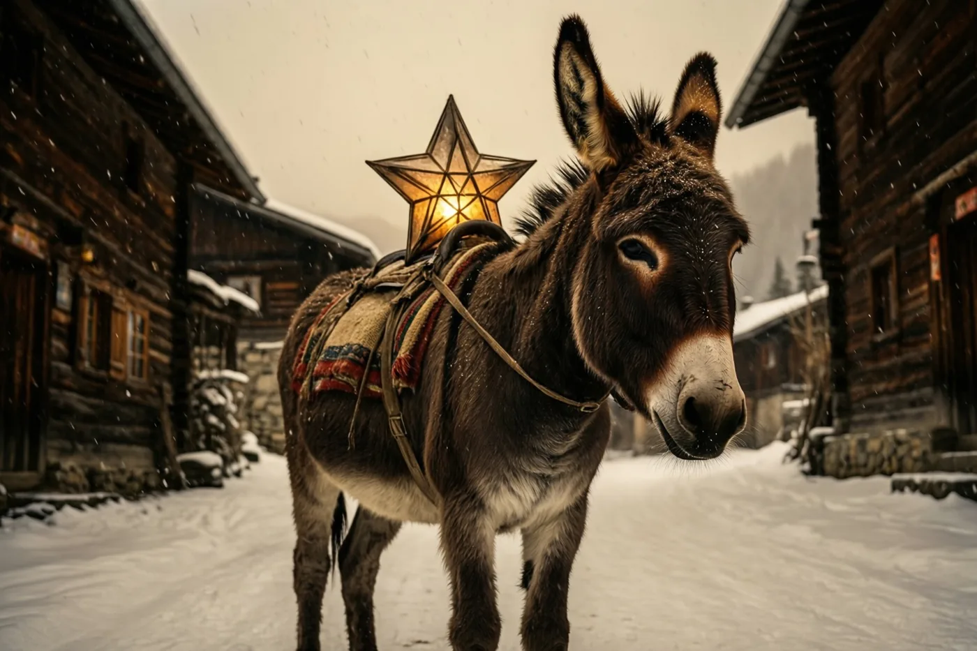 Een ezel met een lichtgevende stervormige lantaarn op zijn rug staat in een besneeuwde dorpsstraat met houten huizen.