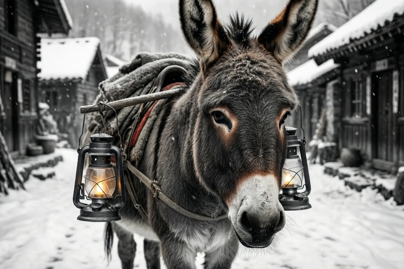 Een ezel met een sterlantaarn op zijn zadel loopt door een besneeuwde straat met houten huizen, in een monochroom tafereel met warm lantaarnlicht.