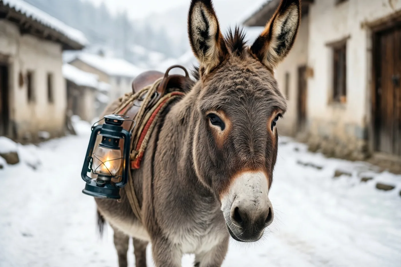 Een ezel met een lichtgevende sterlantaarn aan zijn zadel loopt door een besneeuwde dorpsstraat met oude gebouwen.