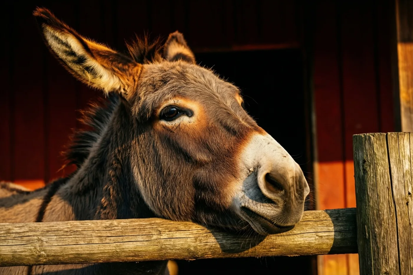 Een ezel laat zijn hoofd rusten op een verweerd houten hek in warm namiddaglicht, met een donkerrode houten schuur op de achtergrond.