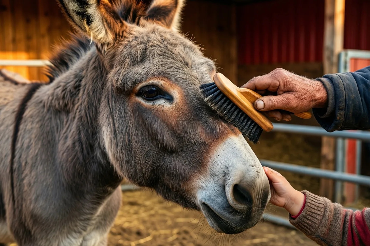 Een volwassen hand en een kleine kinderhand borstelen voorzichtig het gezicht van een grijze ezel bij een boerderijhek, in warm licht en aardetinten.