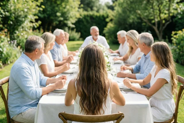 Een familie zit rond een lange tafel met een wit tafelkleed in een zonnige groene tuin, gezien van achter een persoon in het midden.