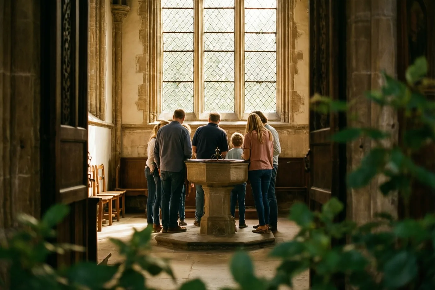 Een familie staat met de rug naar de kijker rond een stenen doopvont in een kerk waar goudkleurig zonlicht door grote glas-in-loodramen valt.