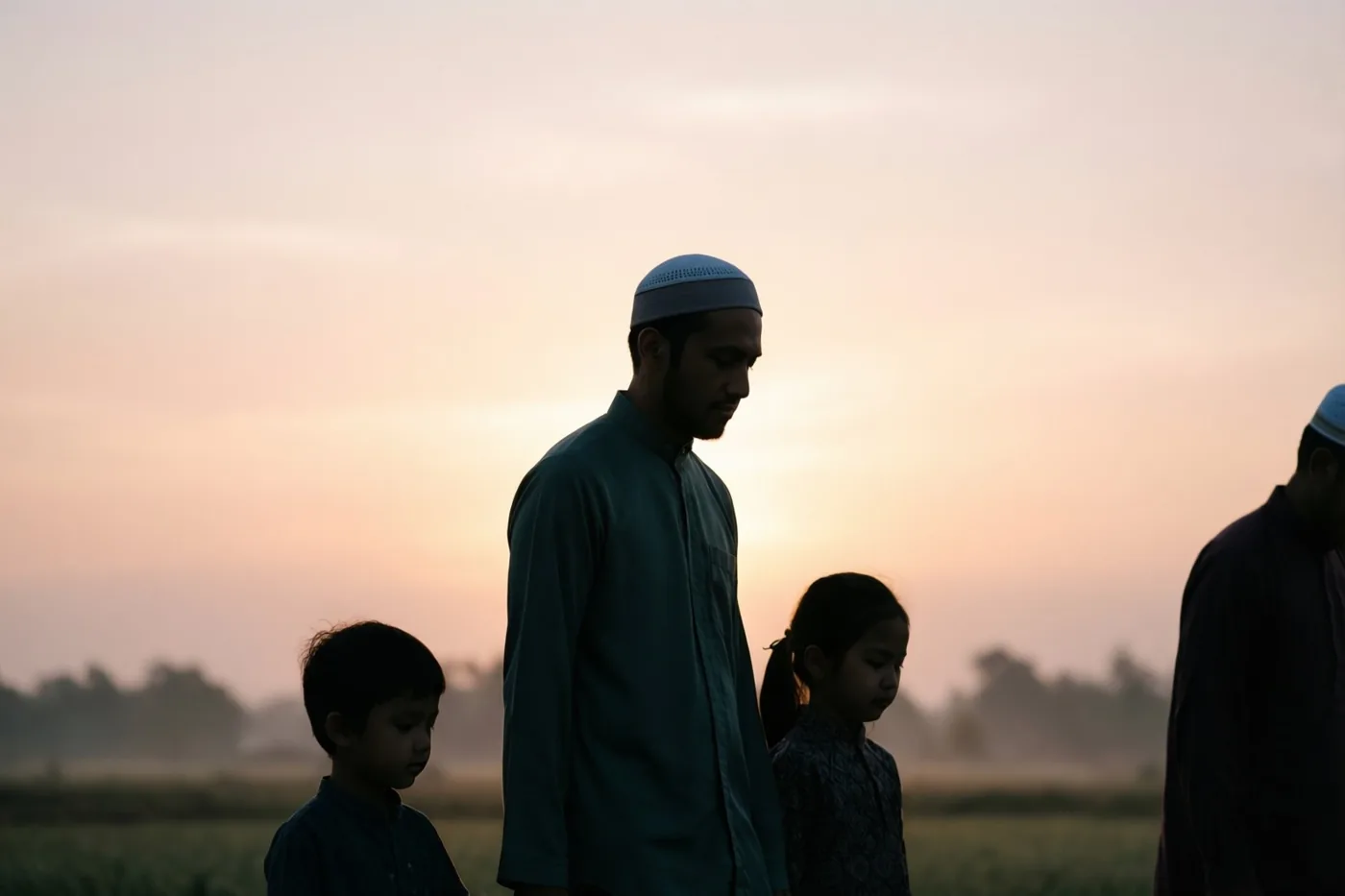 De silhouetten van een familie met volwassenen en kinderen lopen bij zonsopgang door een veld onder een nevelige roze en oranje lucht.