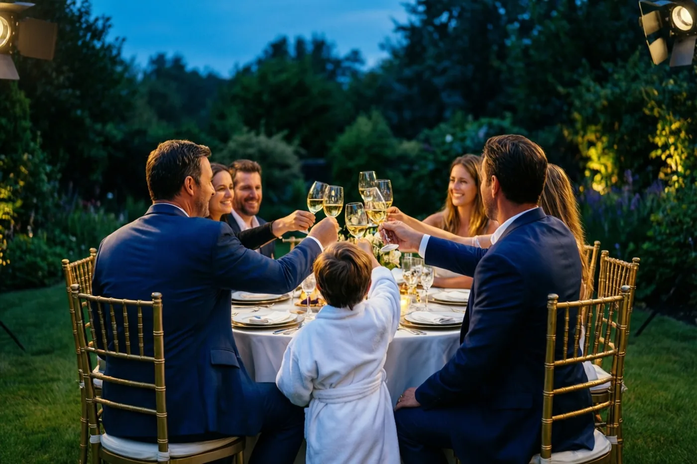 Een familie klinkt met wijnglazen rond een tuintafel met een wit tafellaken in de schemering, met gouden verlichting en groen op de achtergrond.