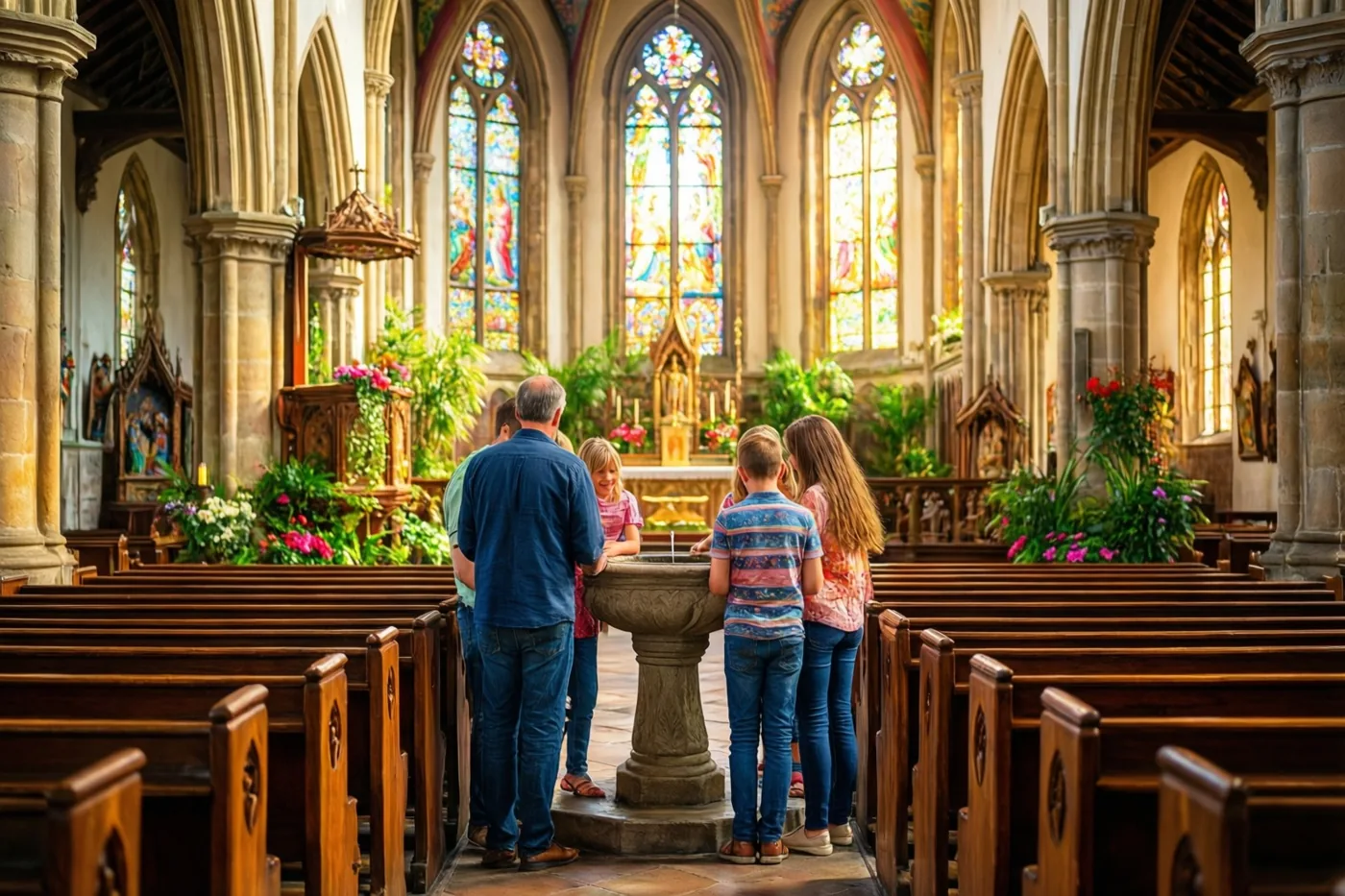 Een familie staat rond een stenen doopvont in een zonnige kerk met gekleurde glas-in-loodramen, bloemen en houten kerkbanken.