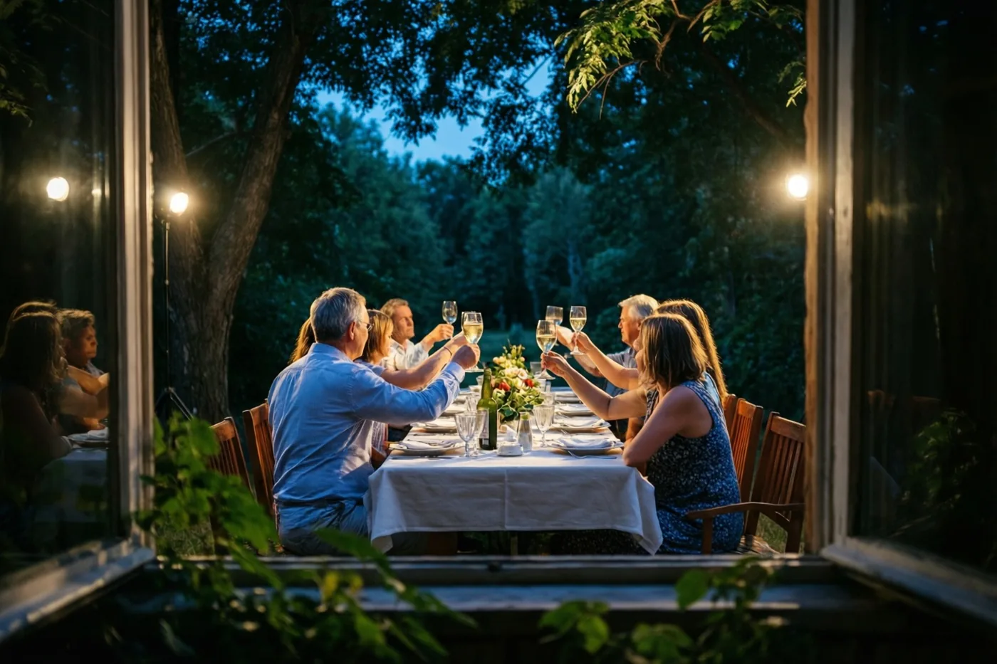 Door een raam is een familie van achteren te zien die bij warm licht de glazen heft aan een lange tafel onder bomen, met een donkerblauwe avondlucht erboven.