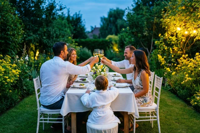 Een familie met een kind in een wit gewaad heft wijnglazen aan een lange witgedekte tuintafel in de schemering, verlicht door warme tuinlampen.