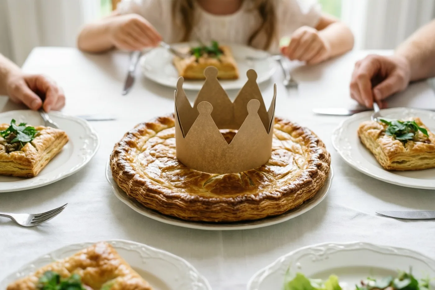 Rond een tafel met een licht tafelkleed en witte borden zijn alleen de handen van een familie te zien die stukken taart eet, met in het midden een hele taart met een papieren kroon.