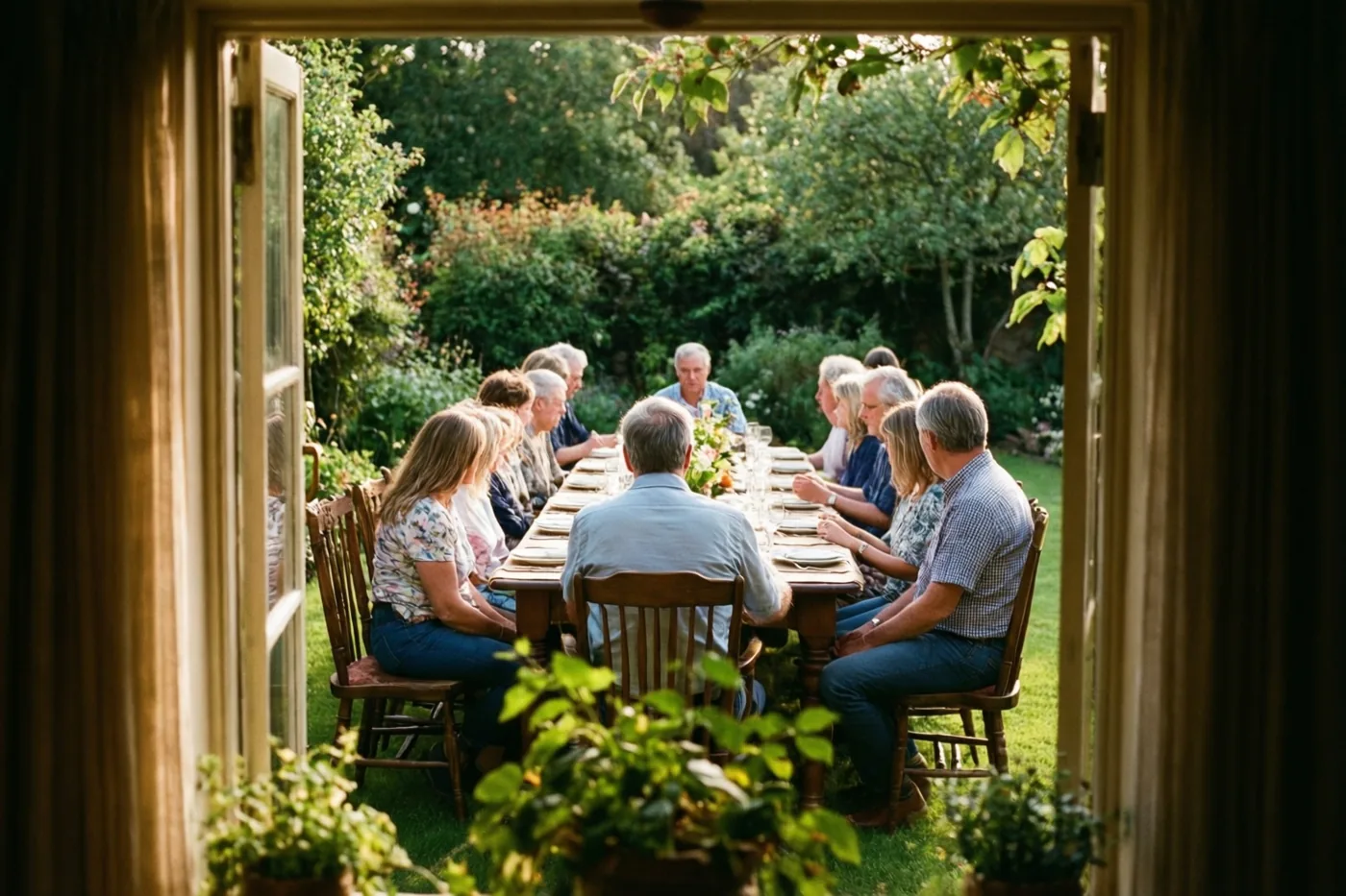 Door een open deuropening is een familie van achteren te zien aan een lange houten tafel in een weelderige tuin in warm goudkleurig zonlicht.