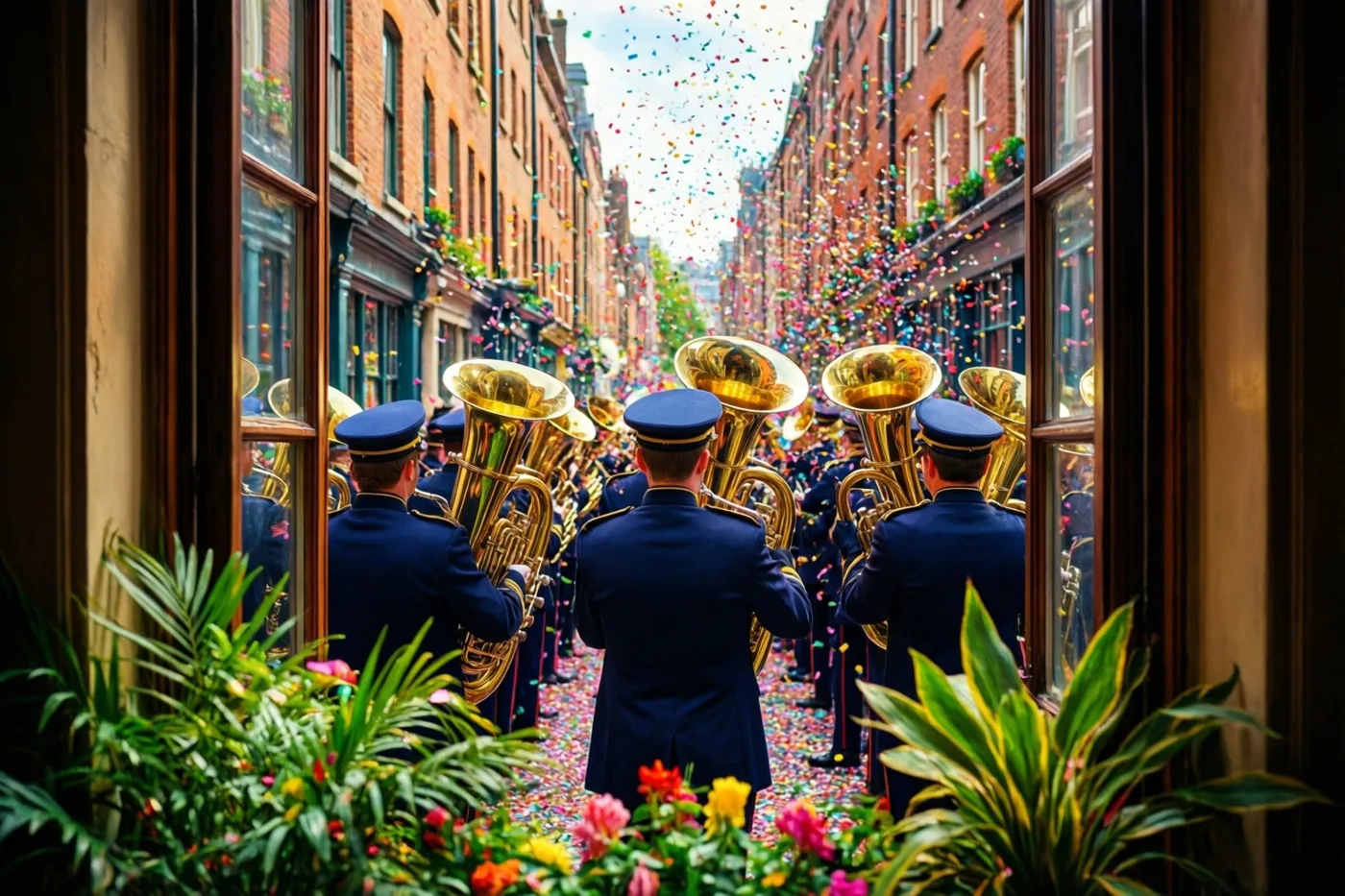 Door een raam met groene planten op de voorgrond is een fanfare in blauwe uniformen te zien die door een smalle bakstenen straat marcheert terwijl confetti valt.