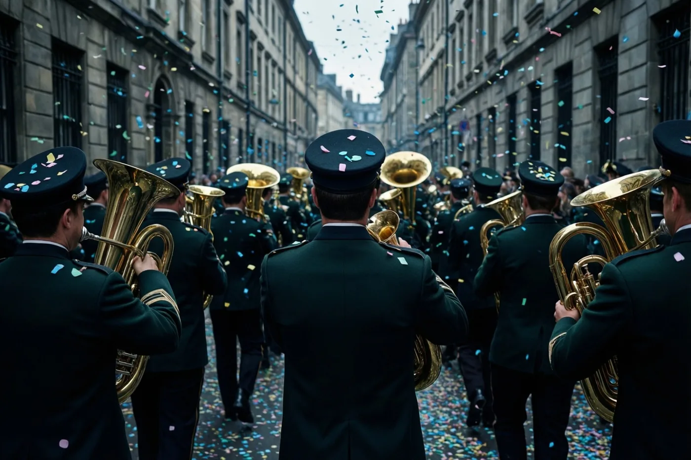 Een fanfare in donkergroene uniformen met gouden koperinstrumenten marcheert van achteren gezien door een smalle straat met grijze stenen gebouwen en vallende confetti.