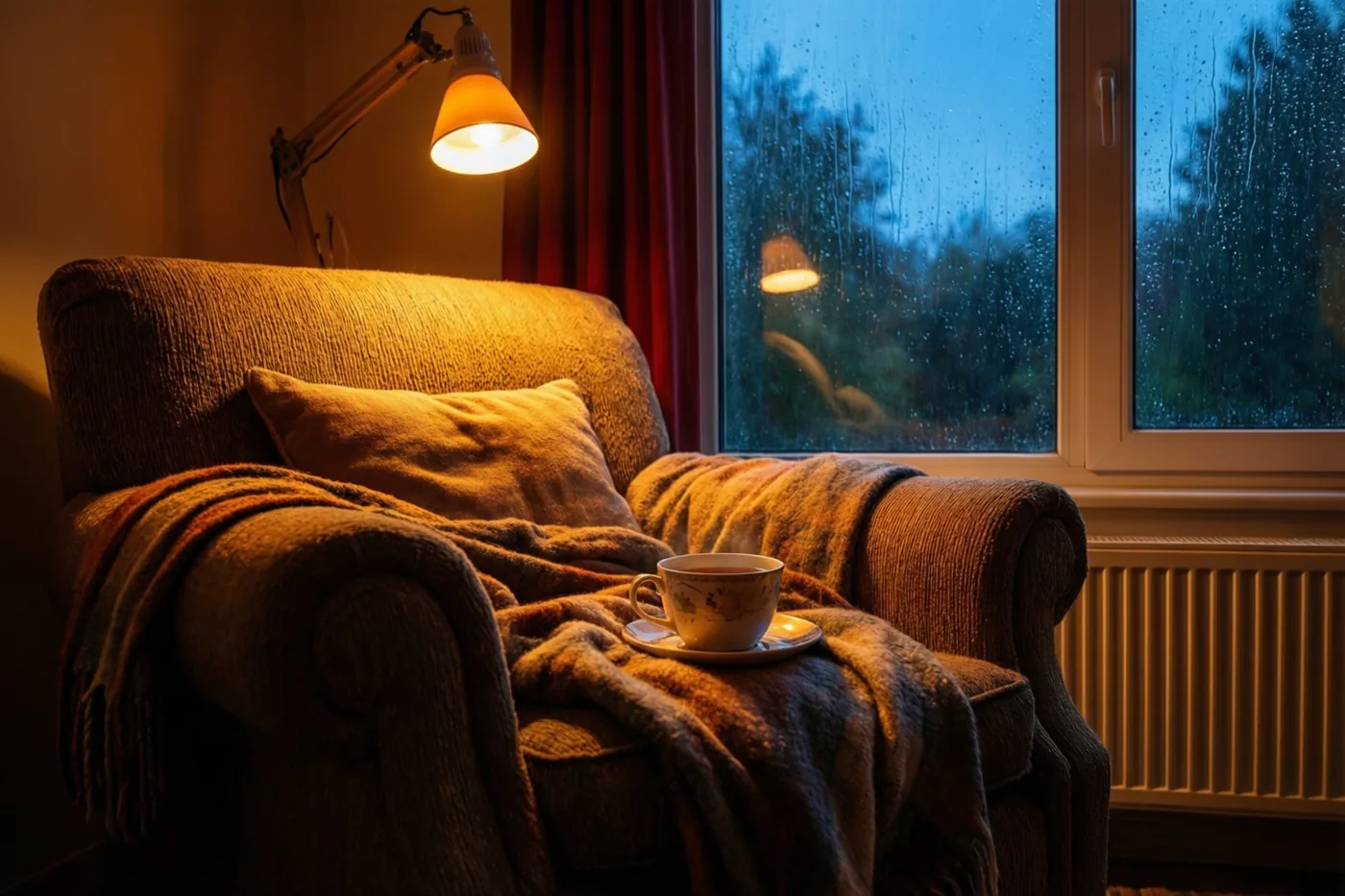 Een fauteuil met een deken en een kop thee staat naast een regenraam in het warme licht van een bureaulamp.