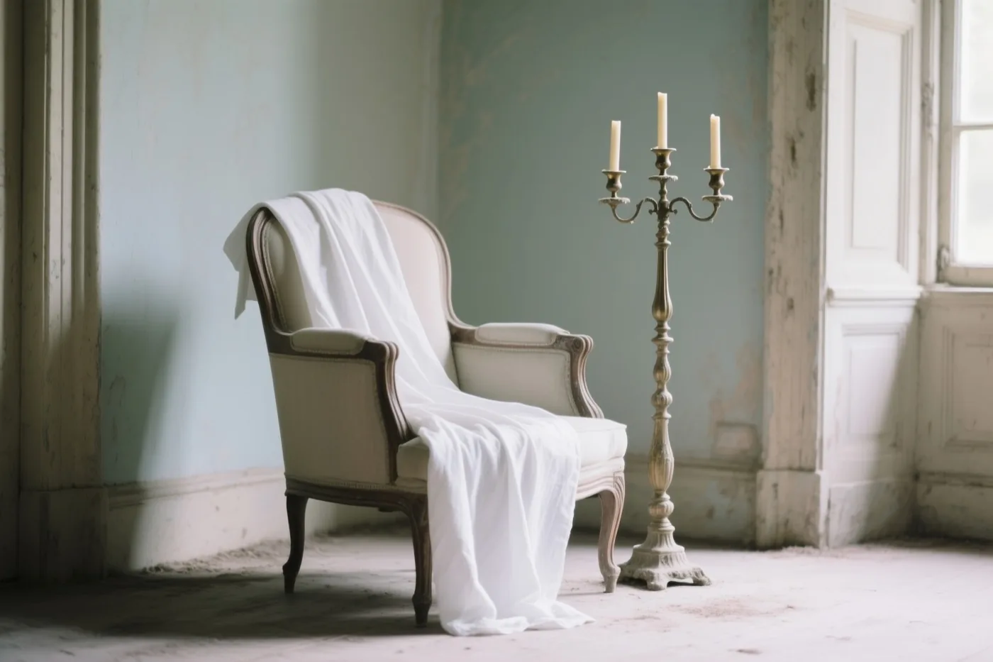 Een oude fauteuil onder een wit laken staat naast een hoge kandelaar in een stoffige kamer van een verlaten landhuis, in beige, witte en verbleekte blauwgroene tinten.