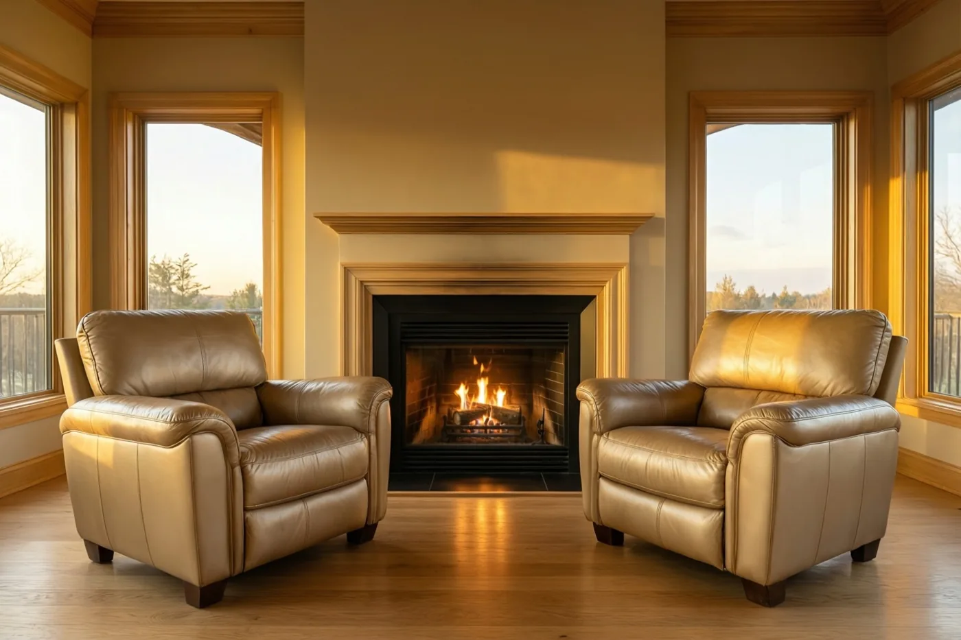 Twee lichtbruine leren fauteuils staan tegenover elkaar bij een brandende haard in een woonkamer met houten vloer, grote ramen en goudkleurig zonlicht.