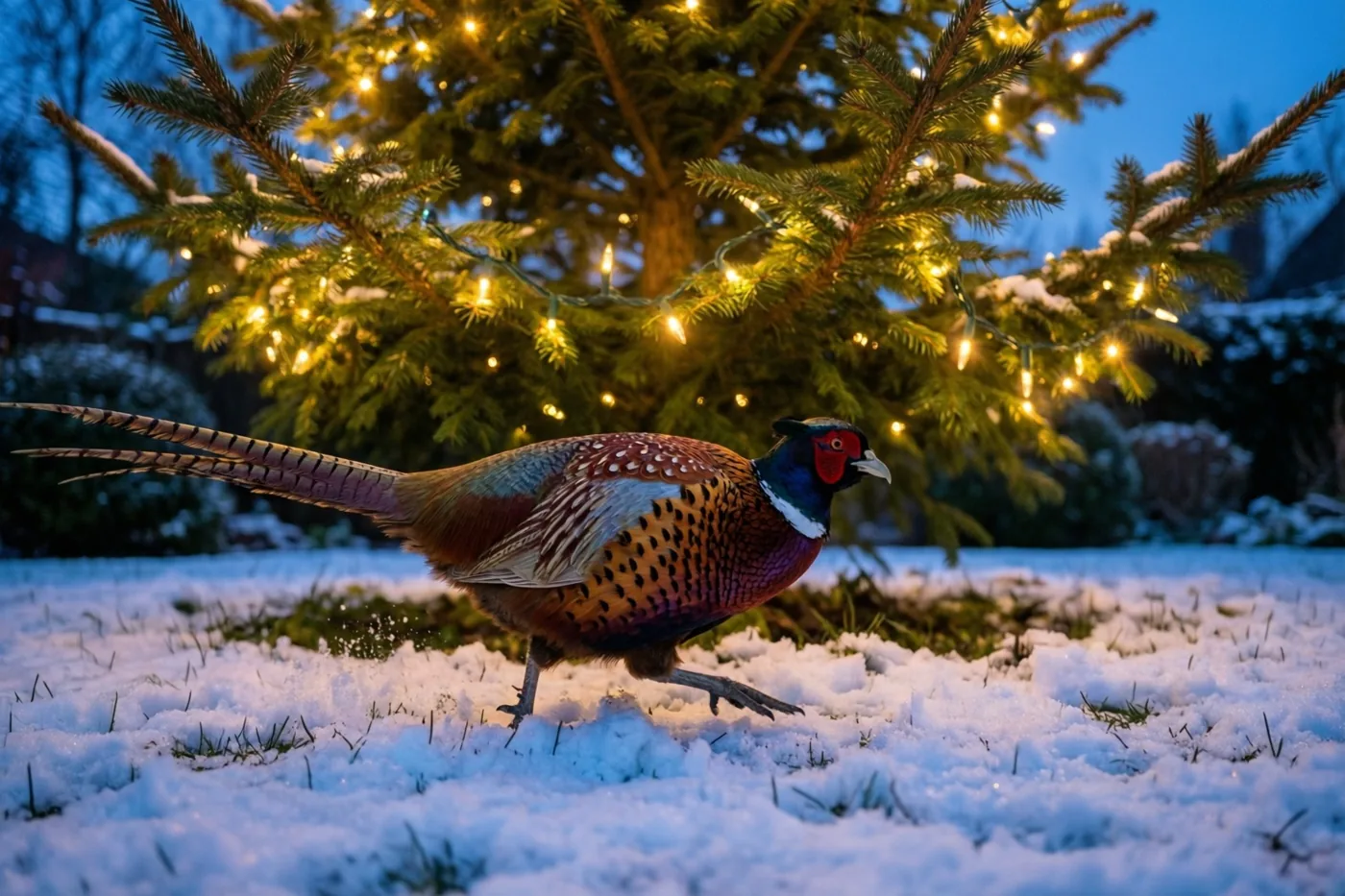 Een fazant loopt door de sneeuw voor een dennenboom met warme kerstlichtjes in de blauwe schemering.