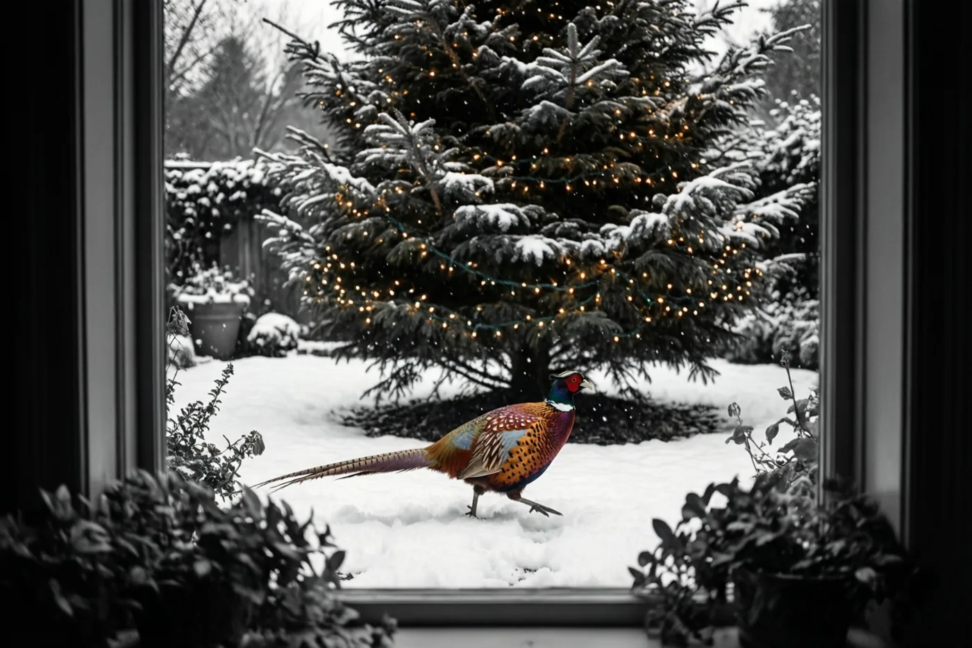 Door een donker omlijst raam is een fazant in de sneeuw onder een dennenboom met warme kerstlichtjes te zien, met zwart-wit gebladerte op de voorgrond.