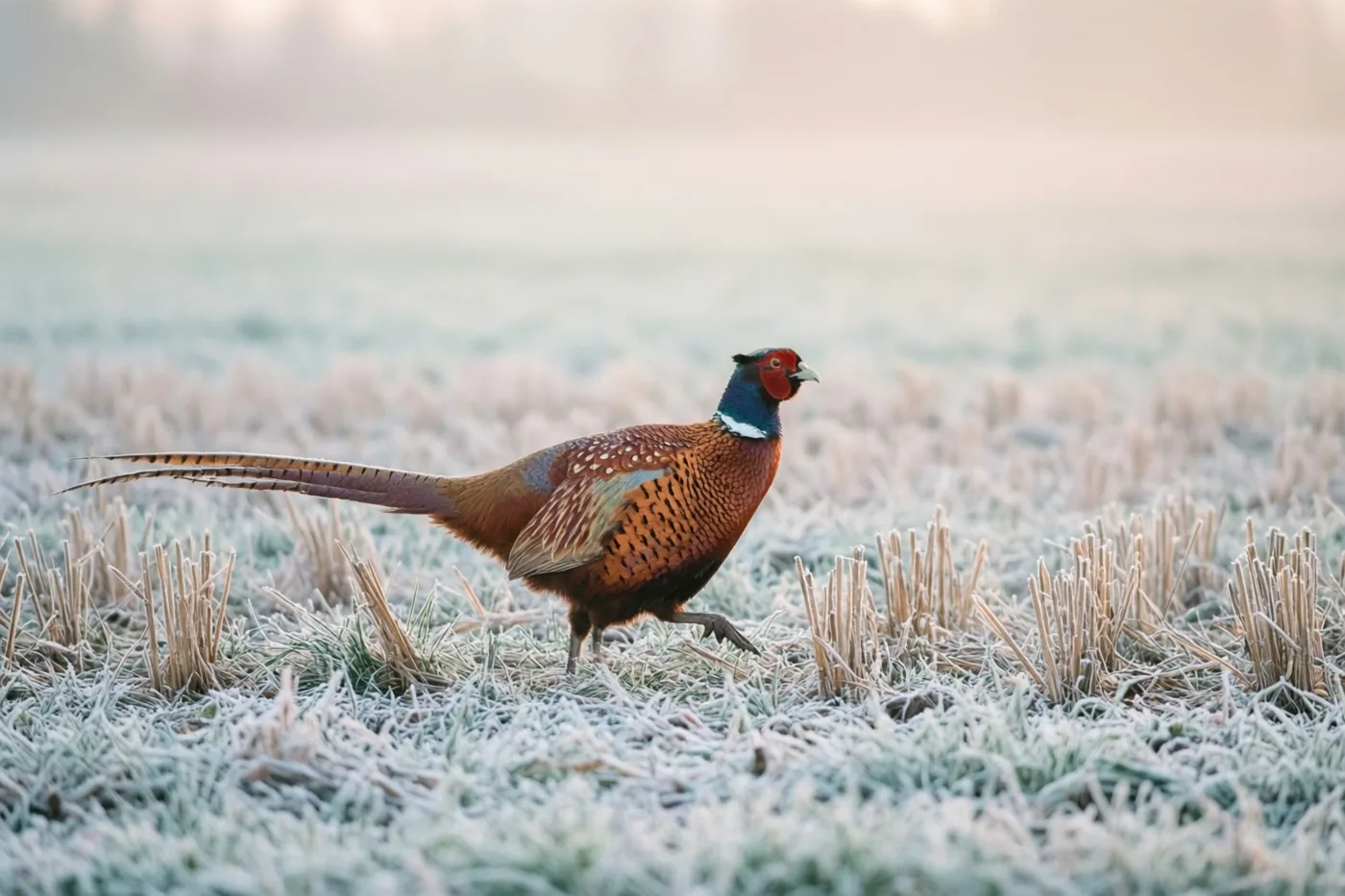 Een mannetjesfazant met koperbruine veren loopt door een berijpt stoppelveld in zacht, bleek ochtendlicht.