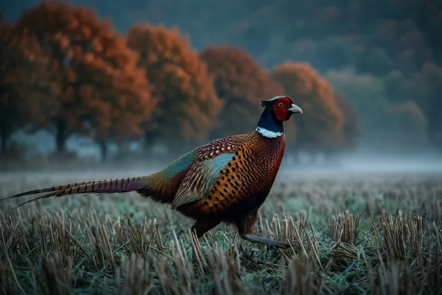 Een fazant in de herfstmist